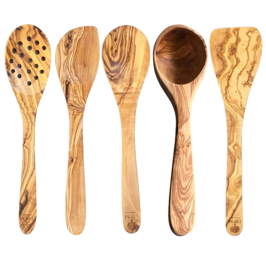 Olive Wood Utensils Set of 5 (Spoon, Spatula, Spoon with Holes, Ladle Spoon & Corner Spoon)