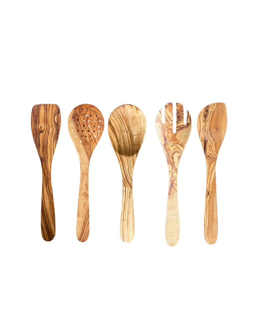 Olive Wood Utensils Set of 5 (Spoon, Spatula, Spoon with Holes, Spoon with Spikes & Corner Spoon)