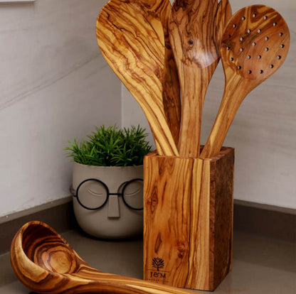 Premium Wooden Utensil Set with Holder