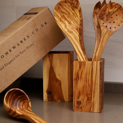 Premium Wooden Utensil Set with Holder